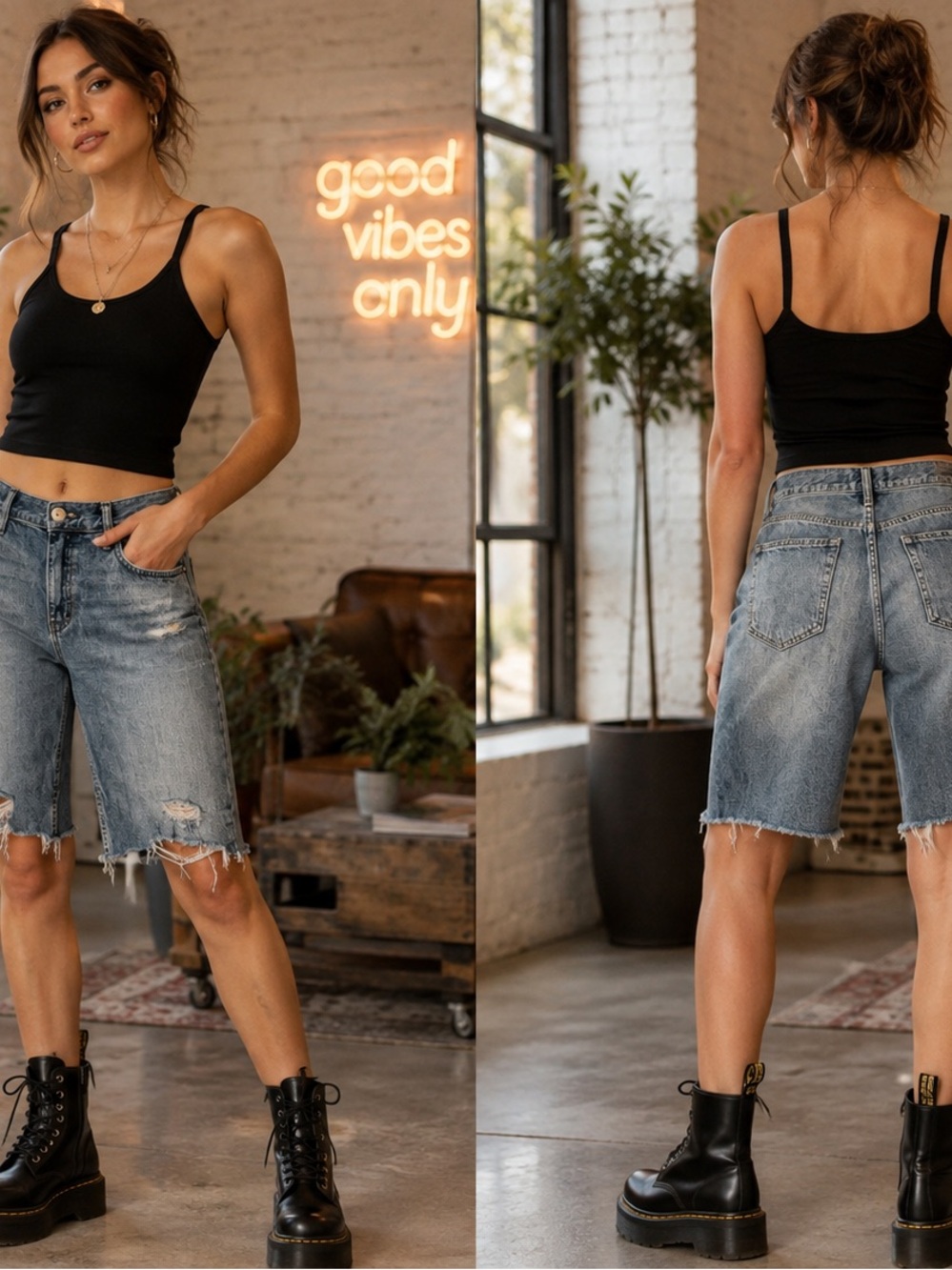 We The Free High-Rise Distressed Bermuda Jort Jeans - Light Blue